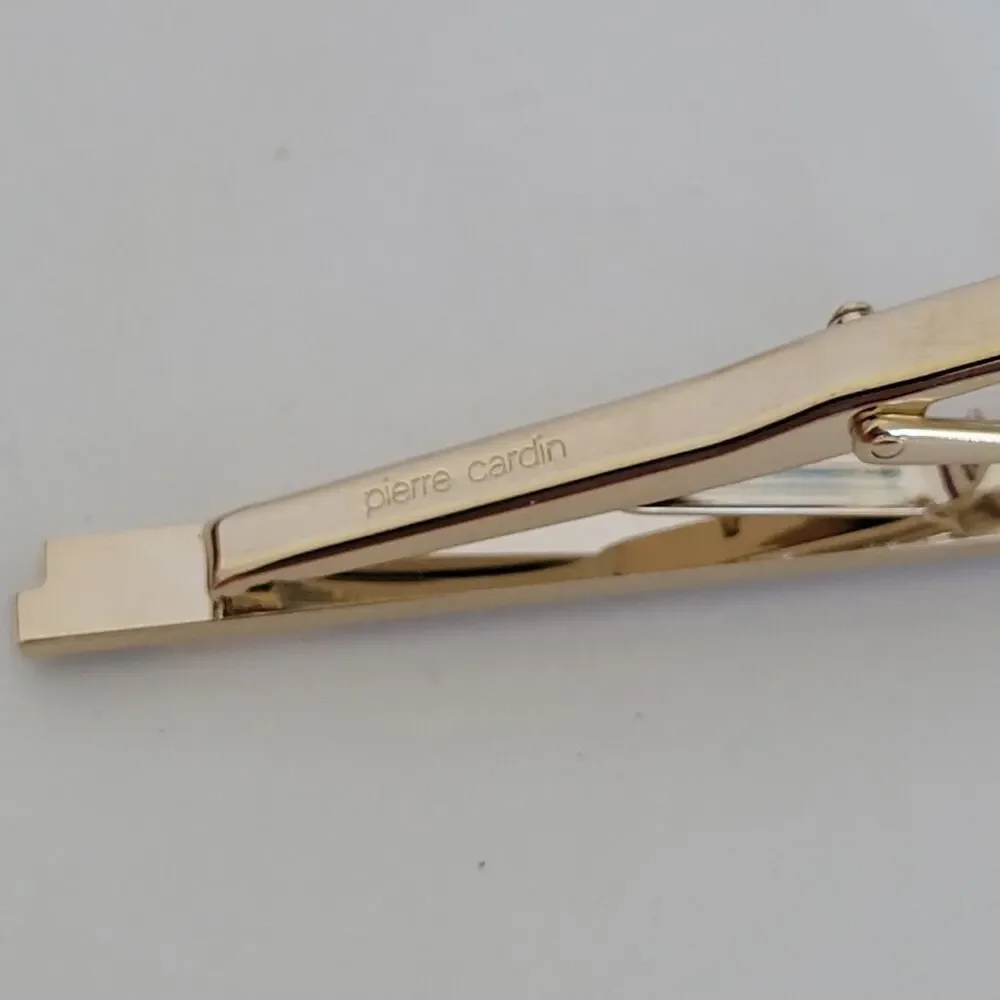 Pierre Cardin Gold Silver Tone Logo Cufflinks Tie Bar Clasp Vintage Geometric